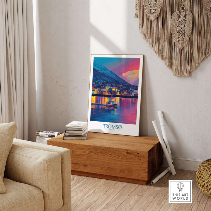 Tromsø Norway Winter Night Art Print | Colorful City Poster displayed in a cozy living room setting.
