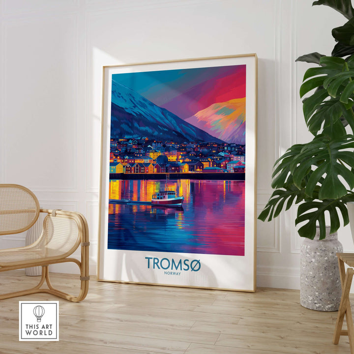 Tromsø Norway Winter Night Art Print | Colorful City Poster showcasing vibrant city lights and snowy mountains.