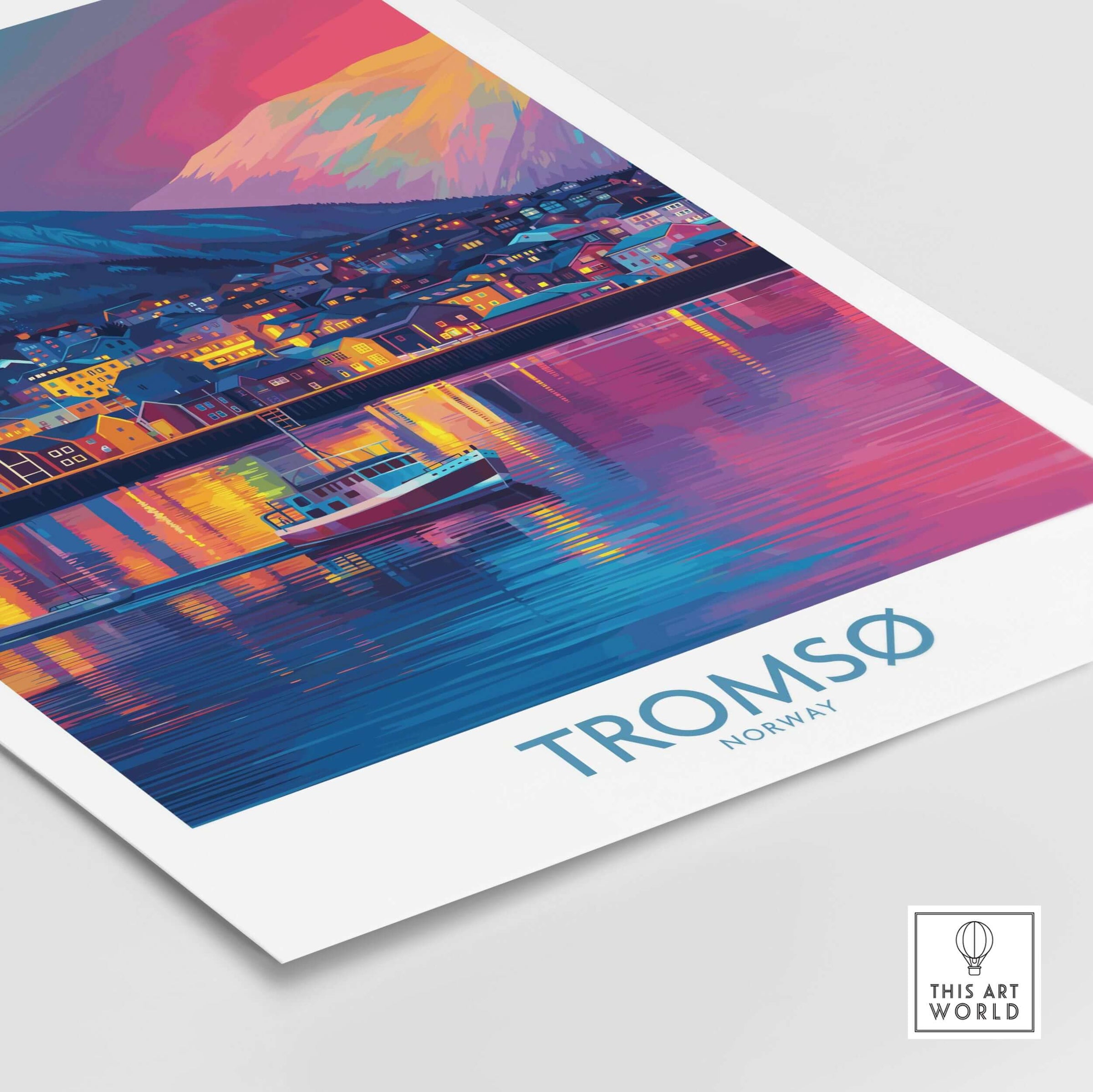 Tromsø Norway Winter Night Art Print | Colorful City Poster showcasing vibrant city lights and a scenic Arctic backdrop.