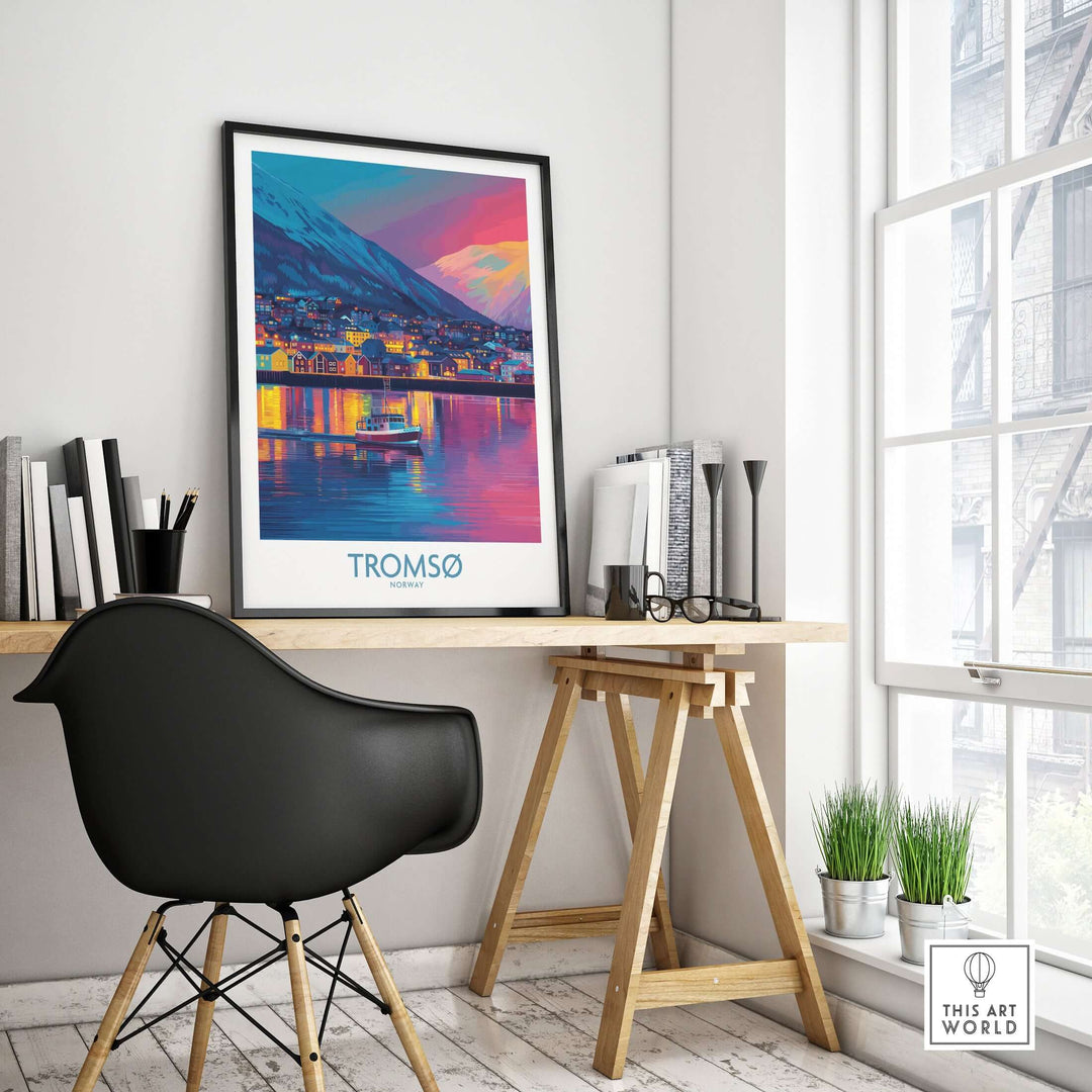 Tromsø Norway Winter Night Art Print | Colorful City Poster displayed in a modern interior with a desk and chair.