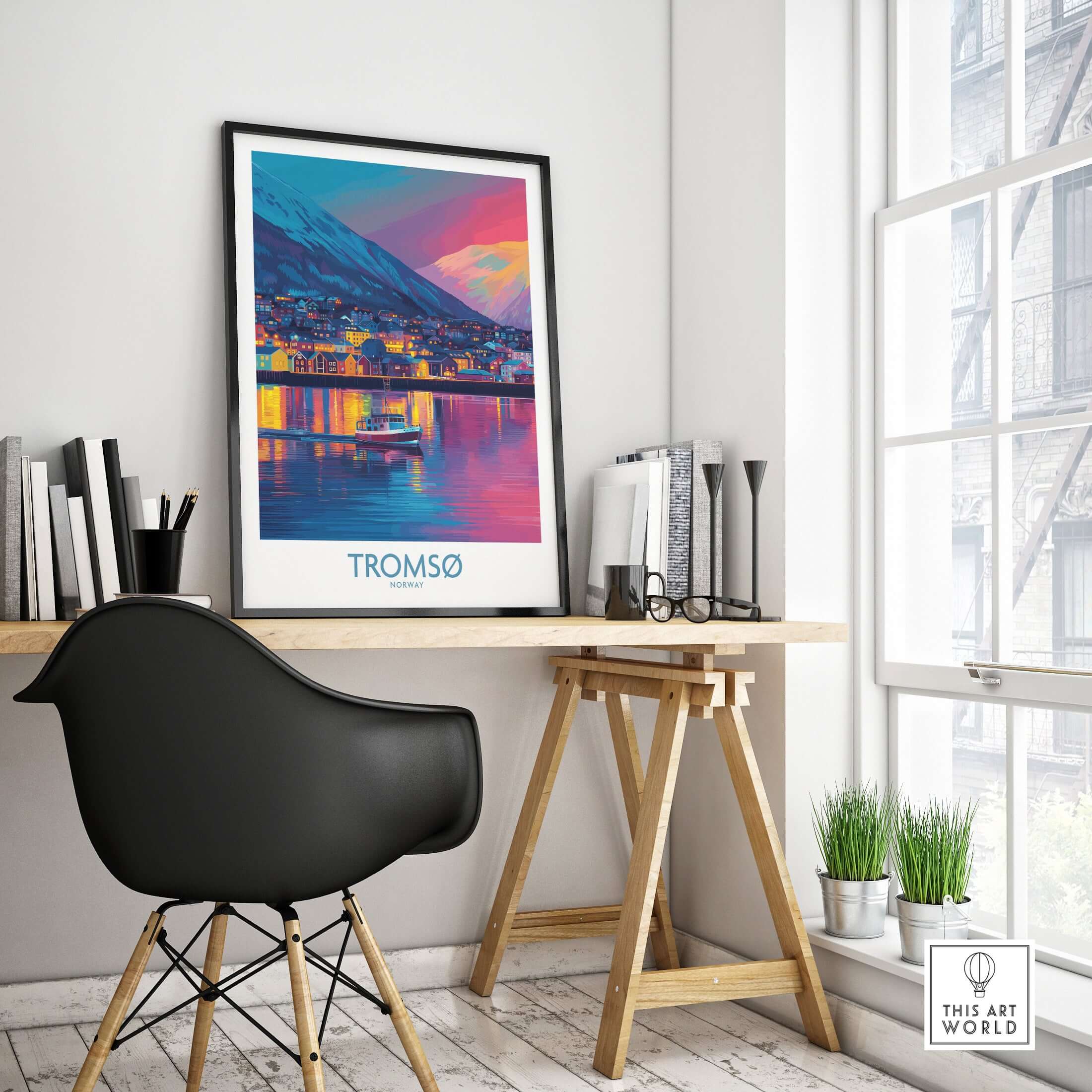 Tromsø Norway Winter Night Art Print | Colorful City Poster displayed in a modern interior setting with a black chair.