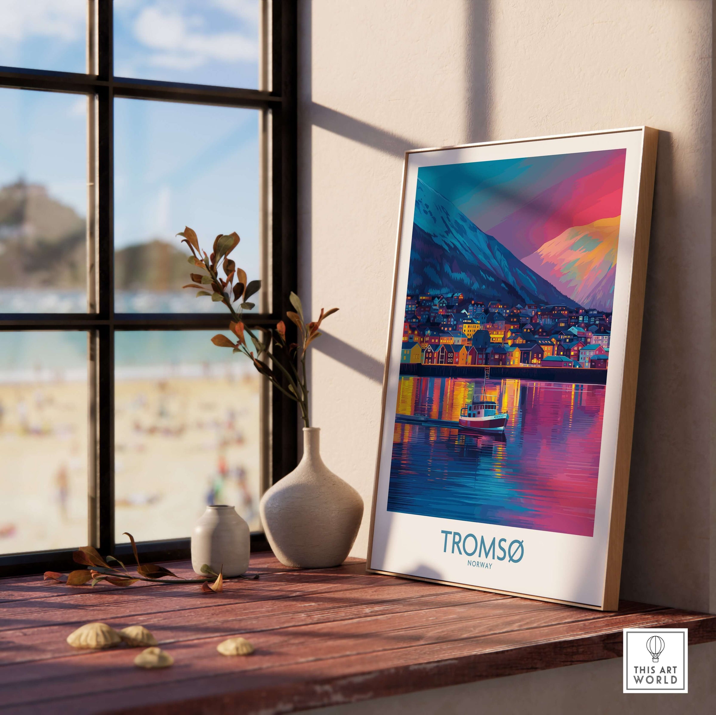 Tromsø Norway Winter Night Art Print | Colorful City Poster displayed on a wooden shelf near a window.