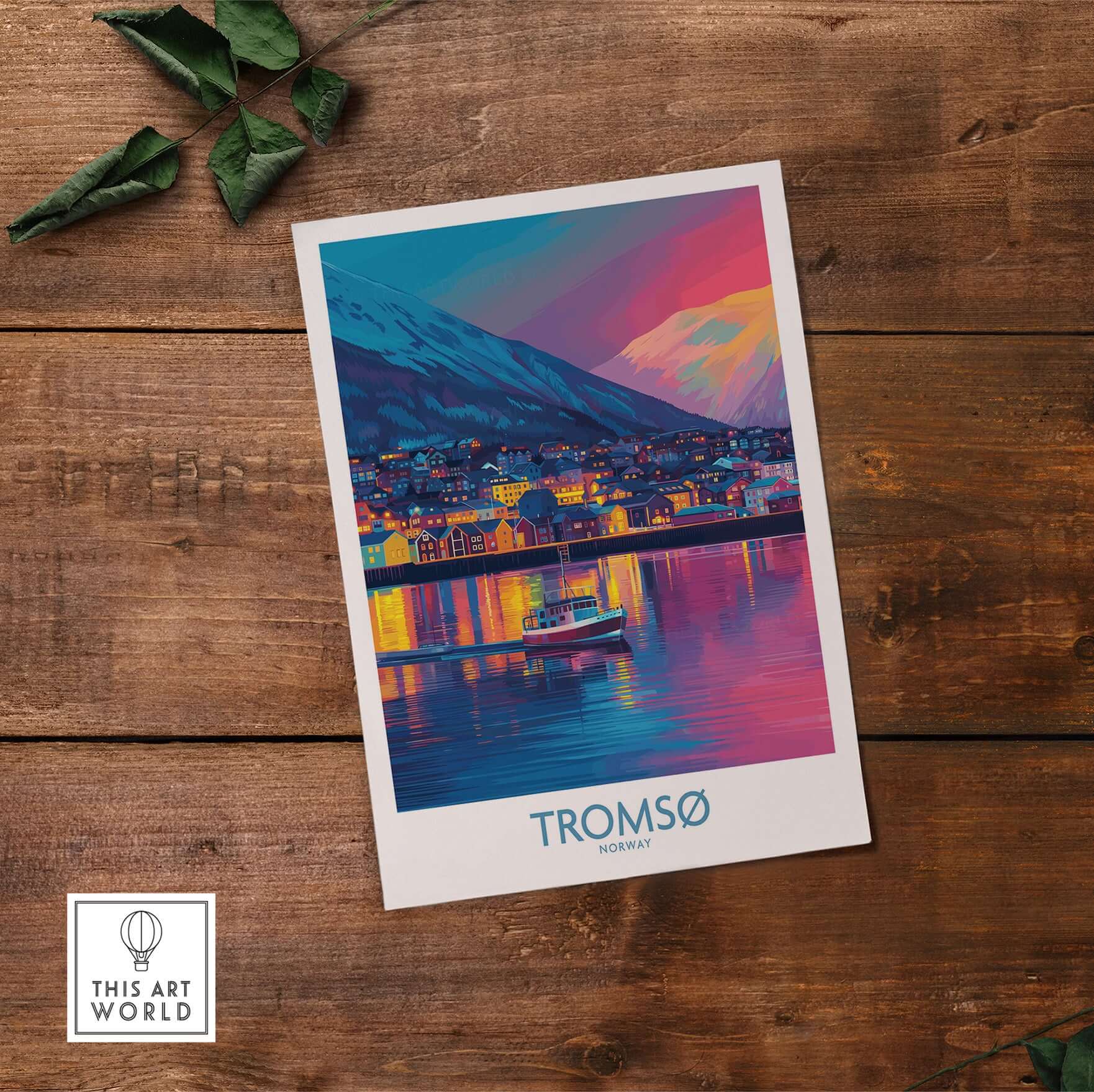 Tromsø Norway Winter Night Art Print | Colorful City Poster featuring vibrant city lights and Arctic backdrop.