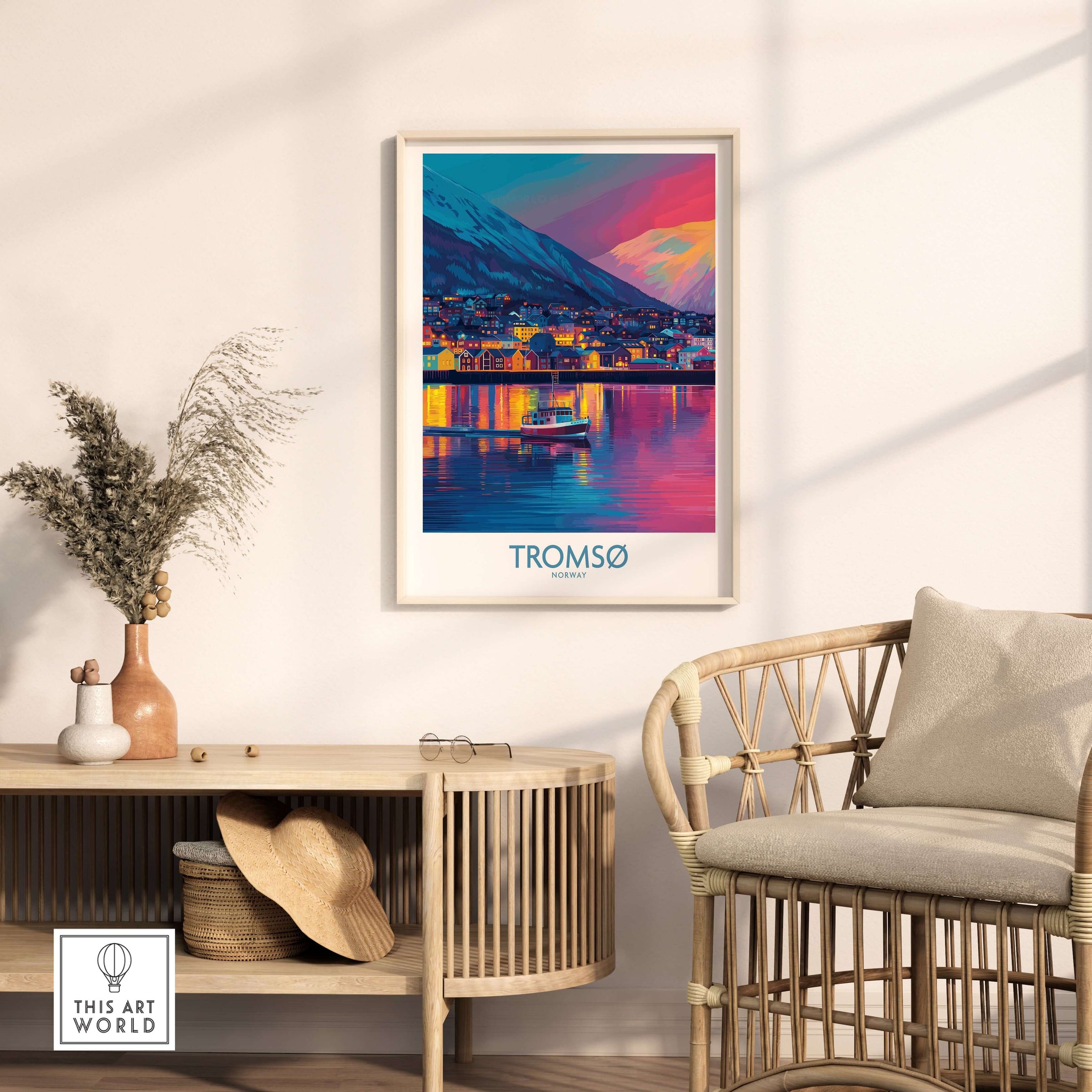 Tromsø Norway Winter Night Art Print | Colorful City Poster displayed in a modern interior setting with cozy decor.