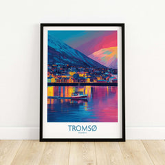 Tromsø Norway Winter Night Art Print | Colorful City Poster showcasing vibrant city lights and a boat on the water.