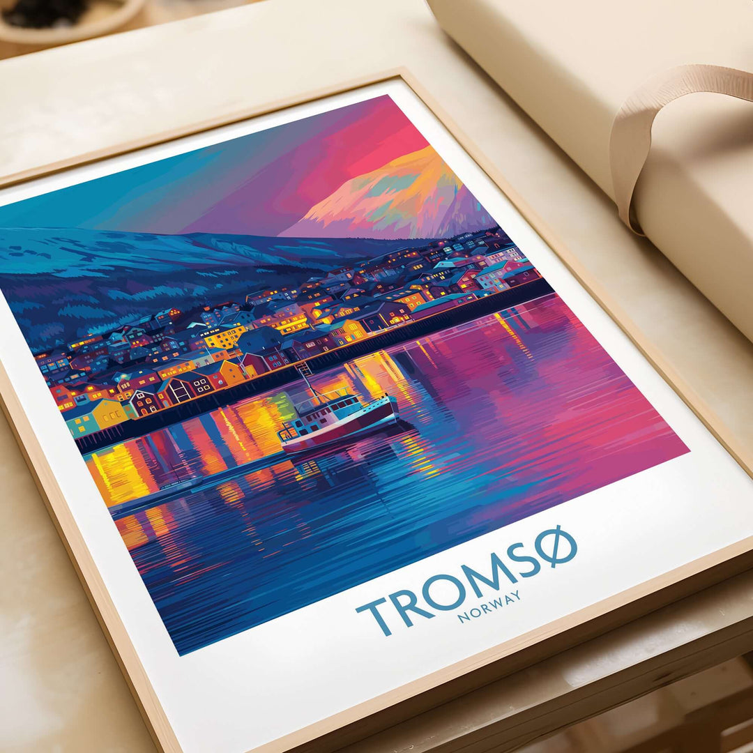 Tromsø Norway Winter Night Art Print | Colorful City Poster featuring vibrant city lights and a boat on a winter night.