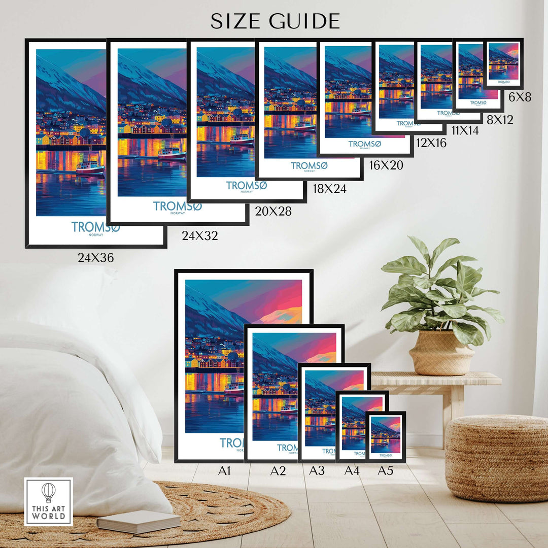Tromsø Norway Winter Night Art Print | Colorful City Poster size guide with various dimensions displayed.