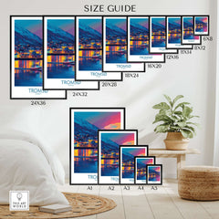 Tromsø Norway Winter Night Art Print | Colorful City Poster size guide with various dimensions displayed.