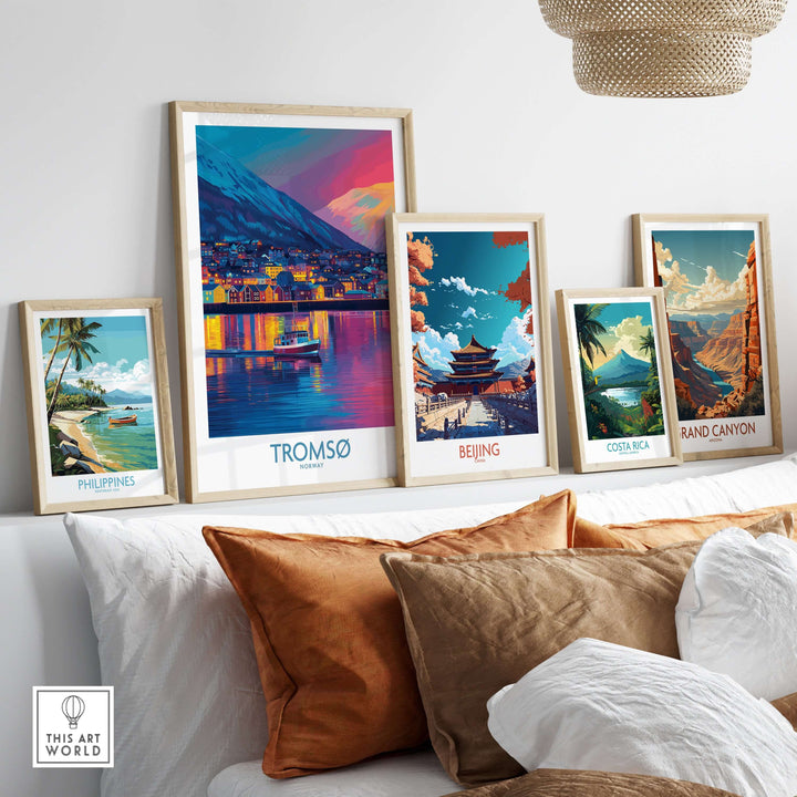 Tromsø Norway Winter Night Art Print | Colorful City Poster displayed among other travel-themed art prints.