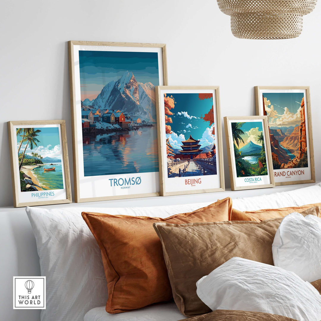 Art prints displayed on a wall including Tromsø Norway Art Print | Winter Village Poster and other travel destinations.