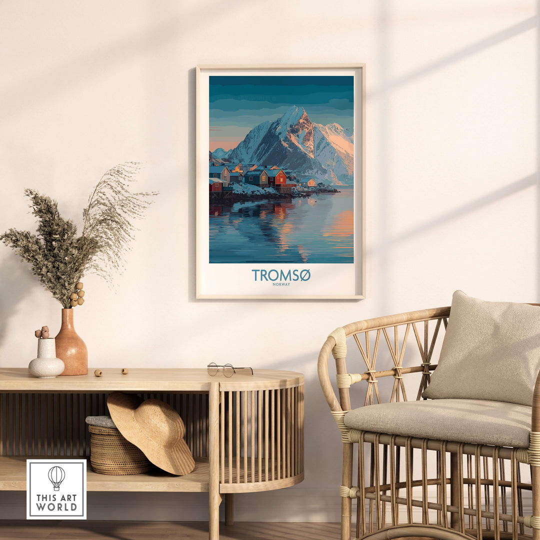 Tromsø Norway Art Print | Winter Village Poster featuring snowy mountains and colorful houses reflected in water.
