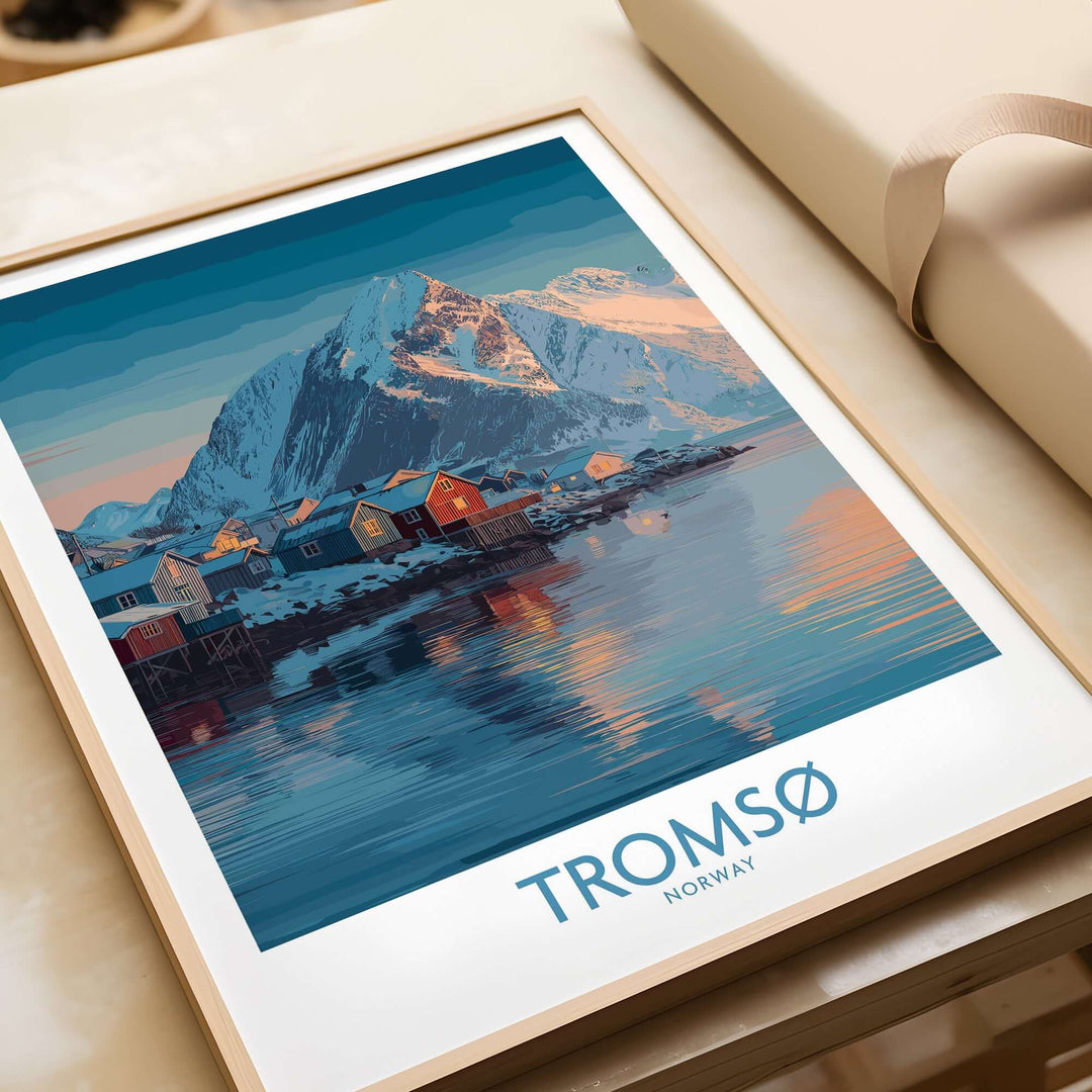 Tromsø Norway Art Print | Winter Village Poster featuring a serene winter landscape and colorful houses.