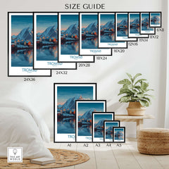 Tromsø Norway Art Print | Winter Village Poster size guide showcasing various frame sizes.
