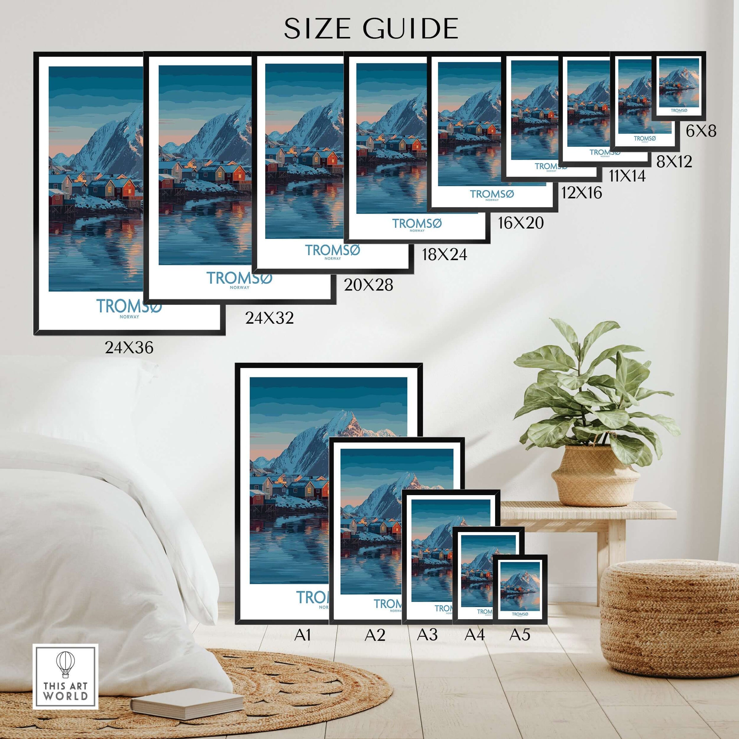 Tromsø Norway Art Print | Winter Village Poster size guide showcasing various frame sizes.