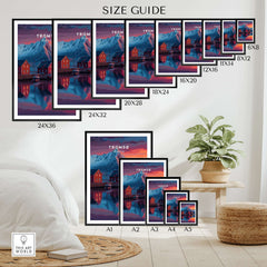 Tromsø Poster Arctic Fjord Town Print | Norwegian Wall Art size guide with various frame dimensions displayed.