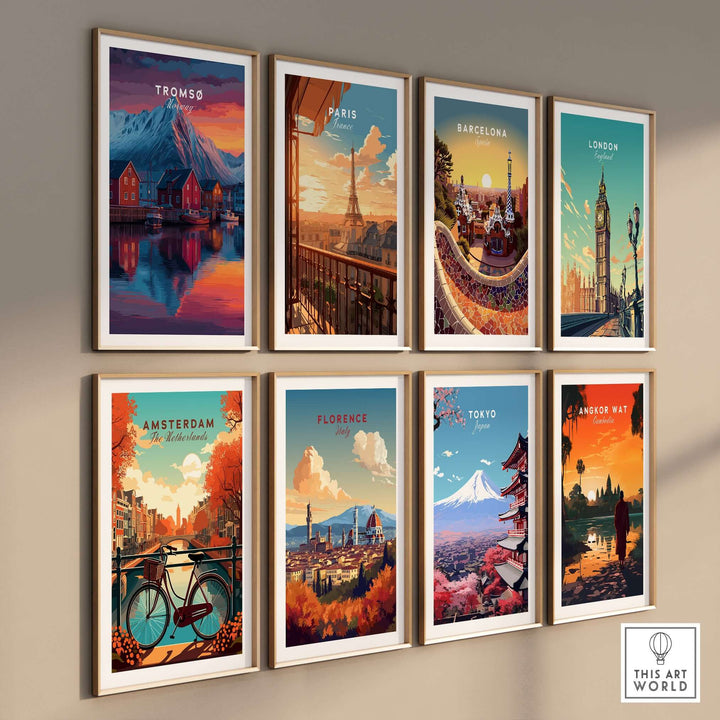 Tromsø Poster Arctic Fjord Town Print | Norwegian Wall Art showcased among various city posters on a stylish wall.