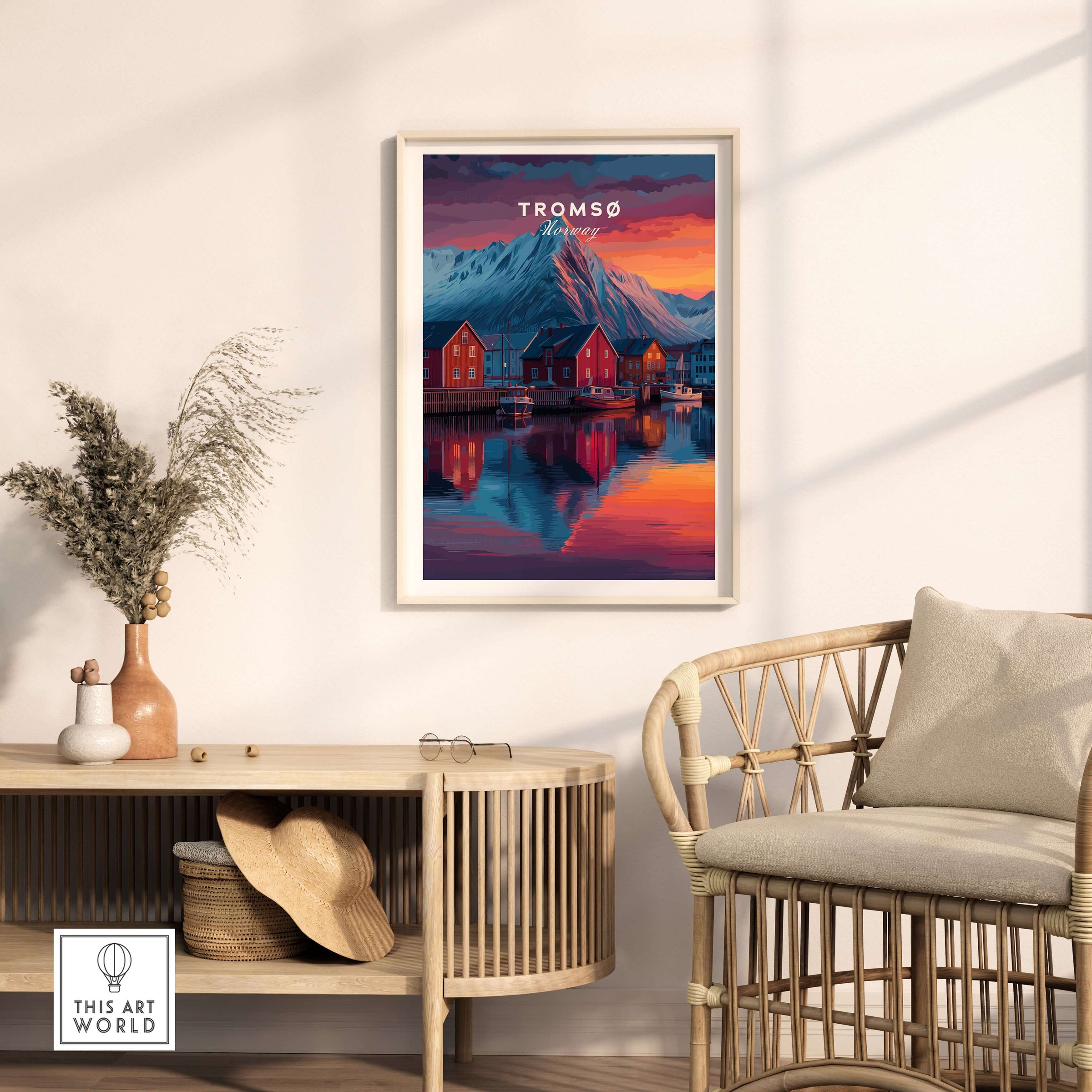 Tromsø Poster Arctic Fjord Town Print | Norwegian Wall Art displayed in a stylish interior setting.