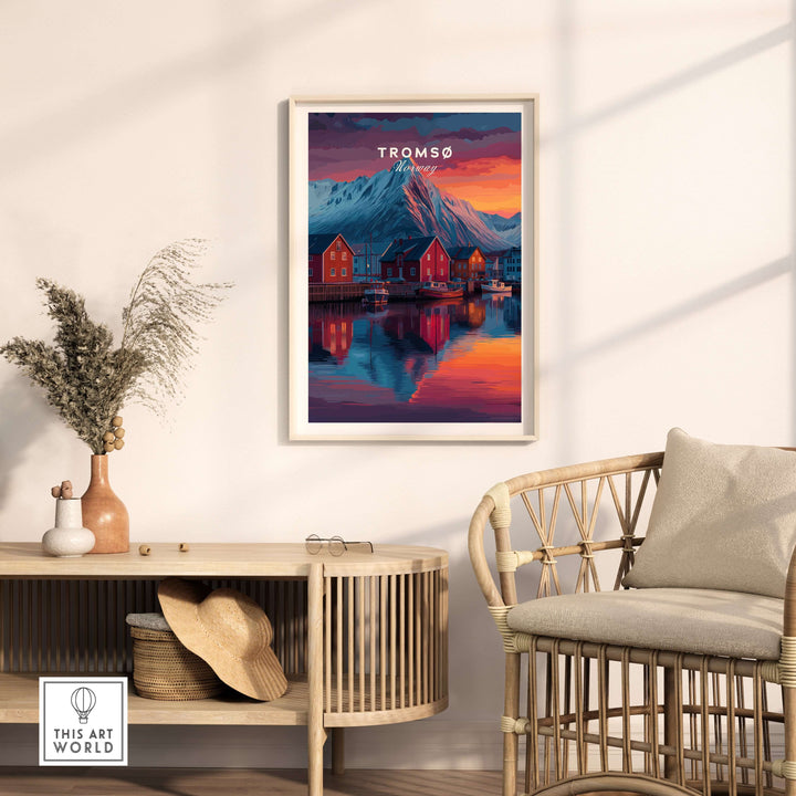 Tromsø Poster Arctic Fjord Town Print | Norwegian Wall Art displayed in a cozy interior with natural decor.
