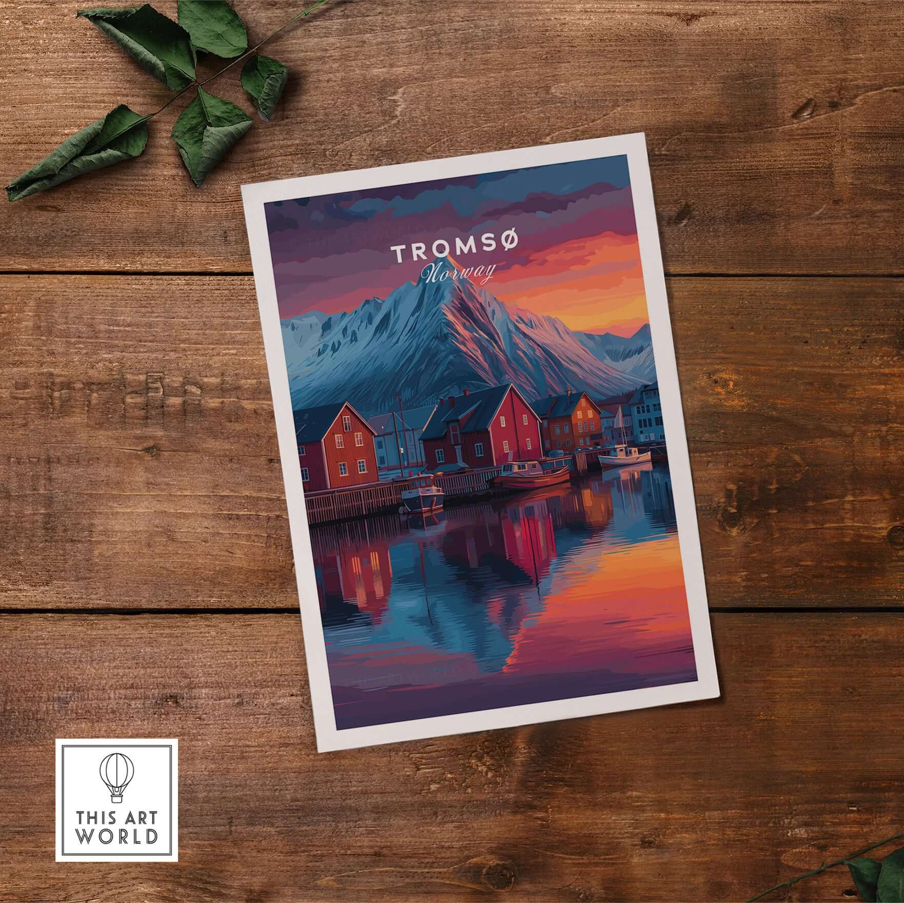 Tromsø Poster Arctic Fjord Town Print | Norwegian Wall Art on wooden backdrop.