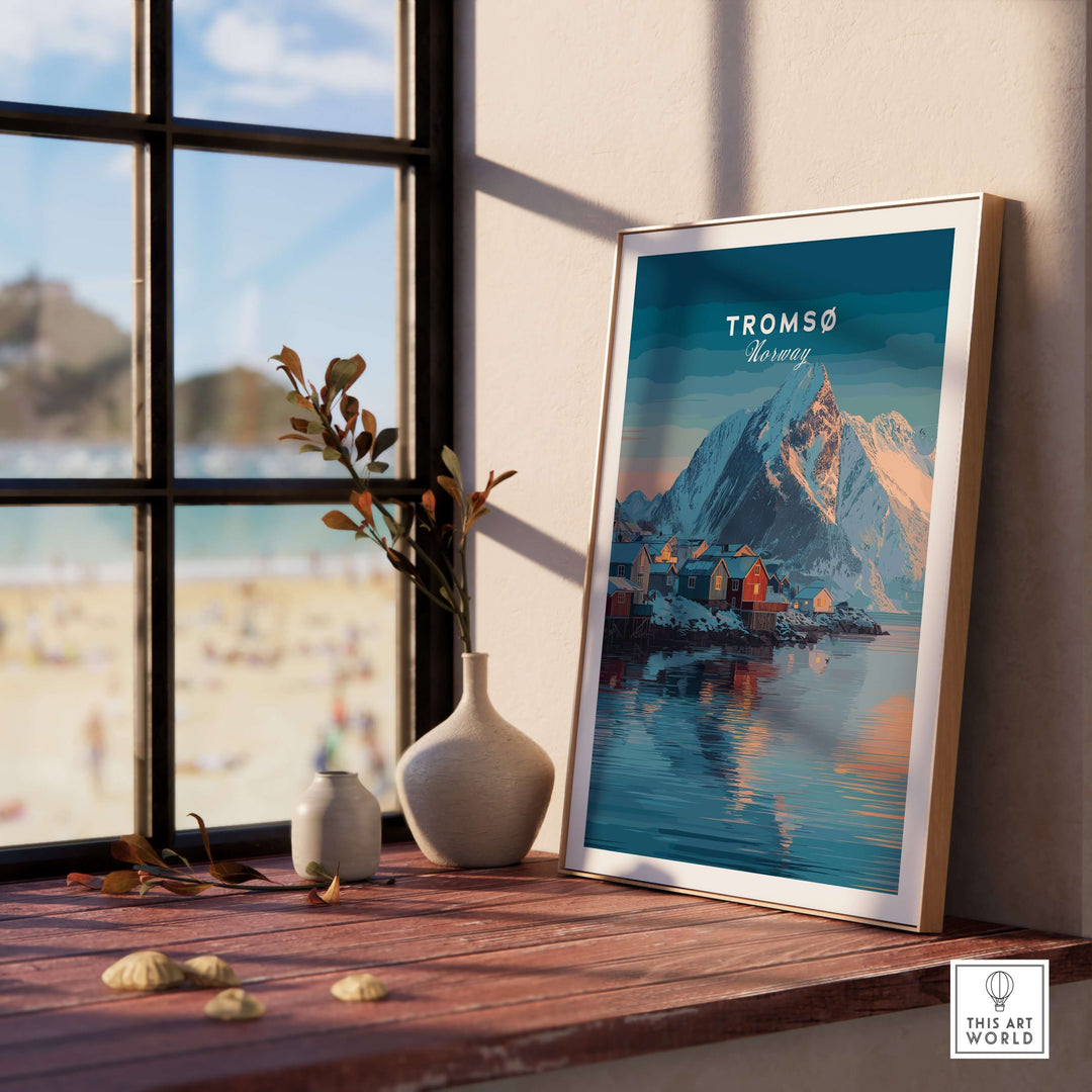 Tromsø Print | Nordic Home Decor Norway Poster displayed in a cozy interior setting with mountain views.