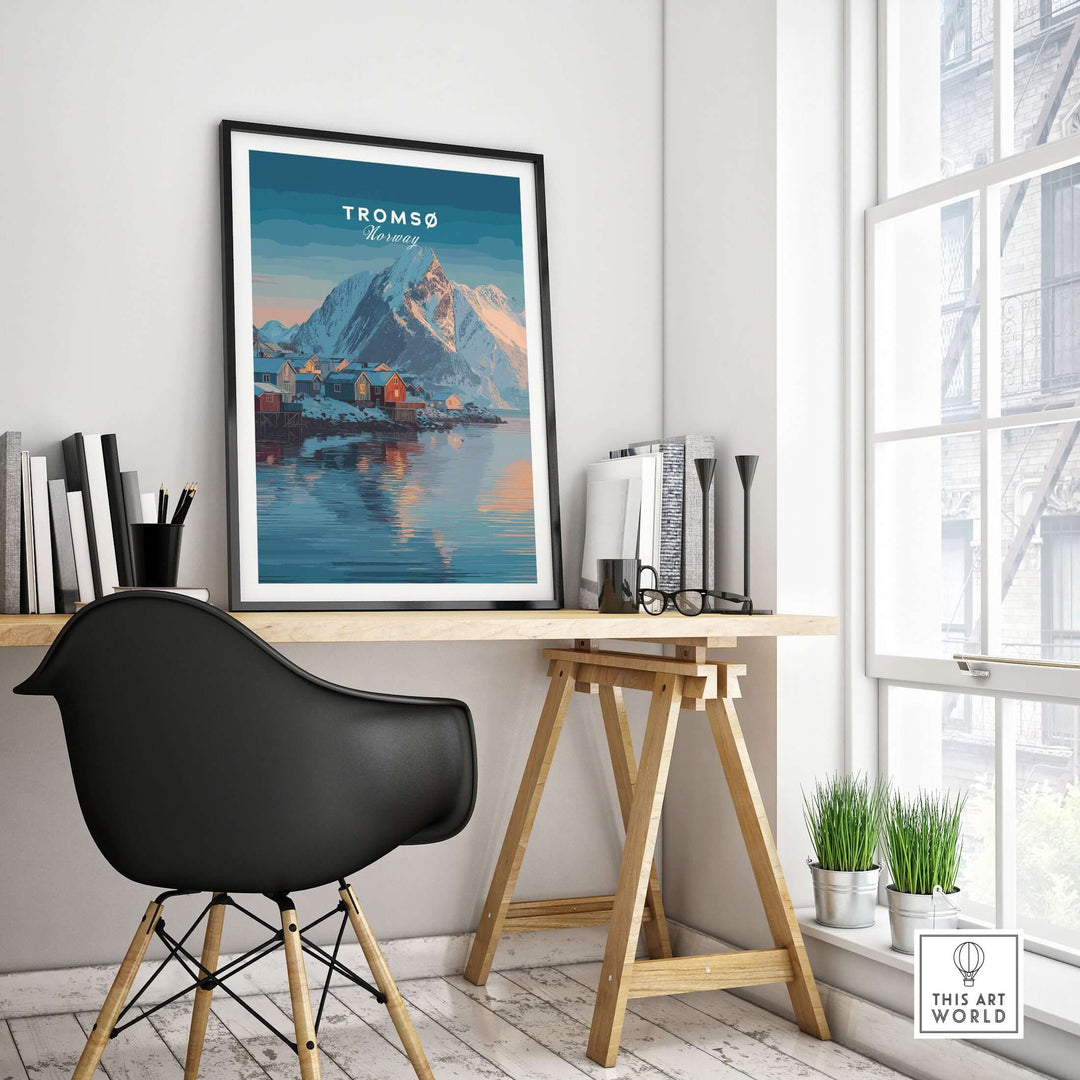 Tromsø Print | Nordic Home Decor Norway Poster showcasing a serene arctic landscape in a stylish interior setting.