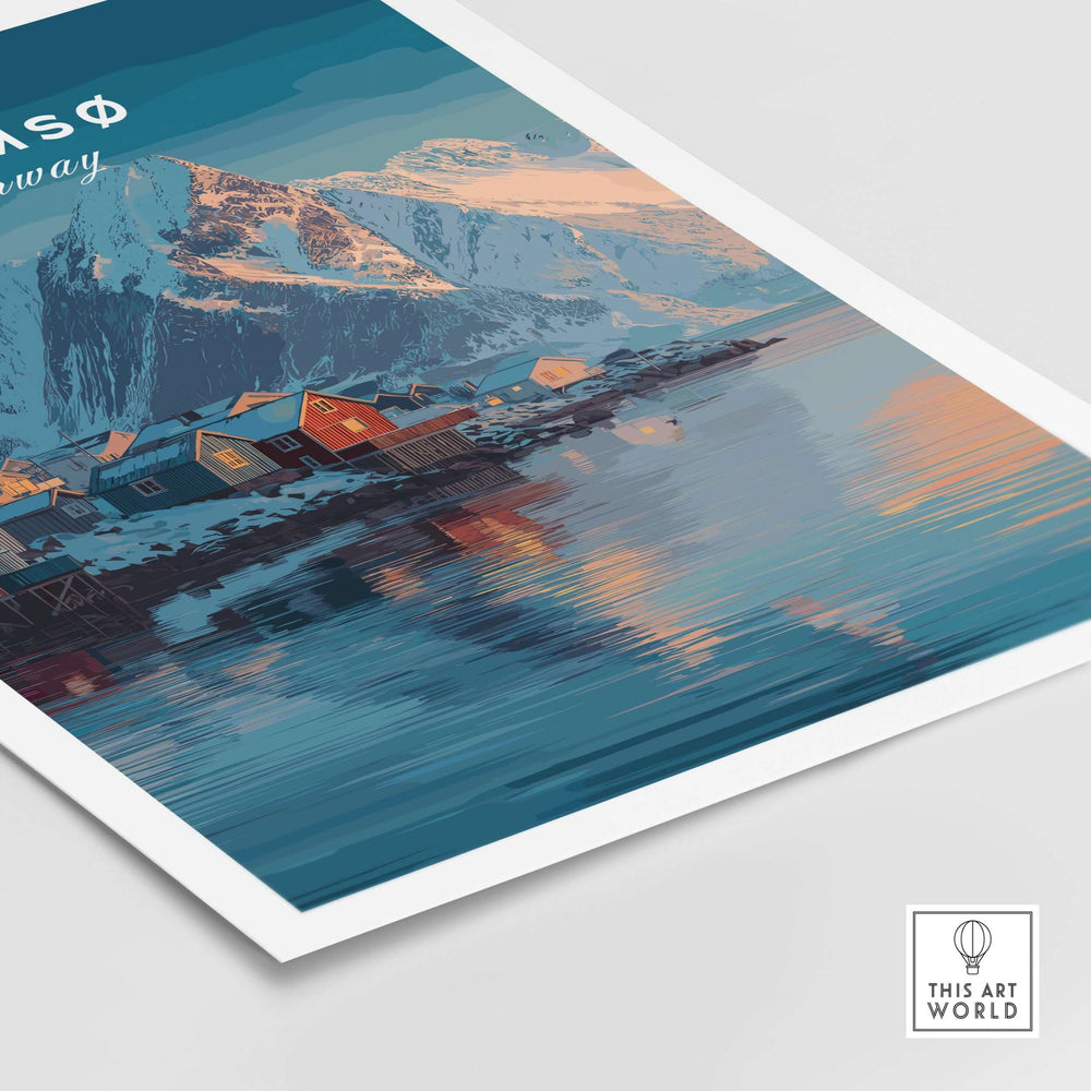 Tromsø Print | Nordic Home Decor Norway Poster featuring snowy landscapes and colorful cabins reflecting in the water.