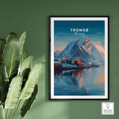 Tromsø Print | Nordic Home Decor Norway Poster showcasing snowy mountains and colorful houses on water.