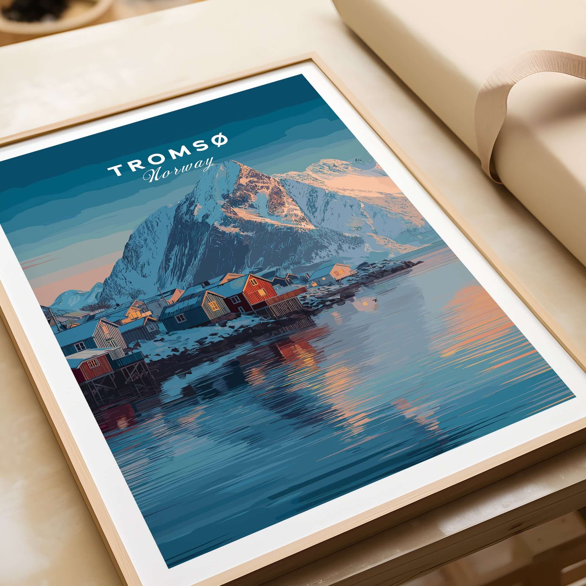 Tromsø Print | Nordic Home Decor Norway Poster showcasing arctic landscapes and colorful houses by the water.