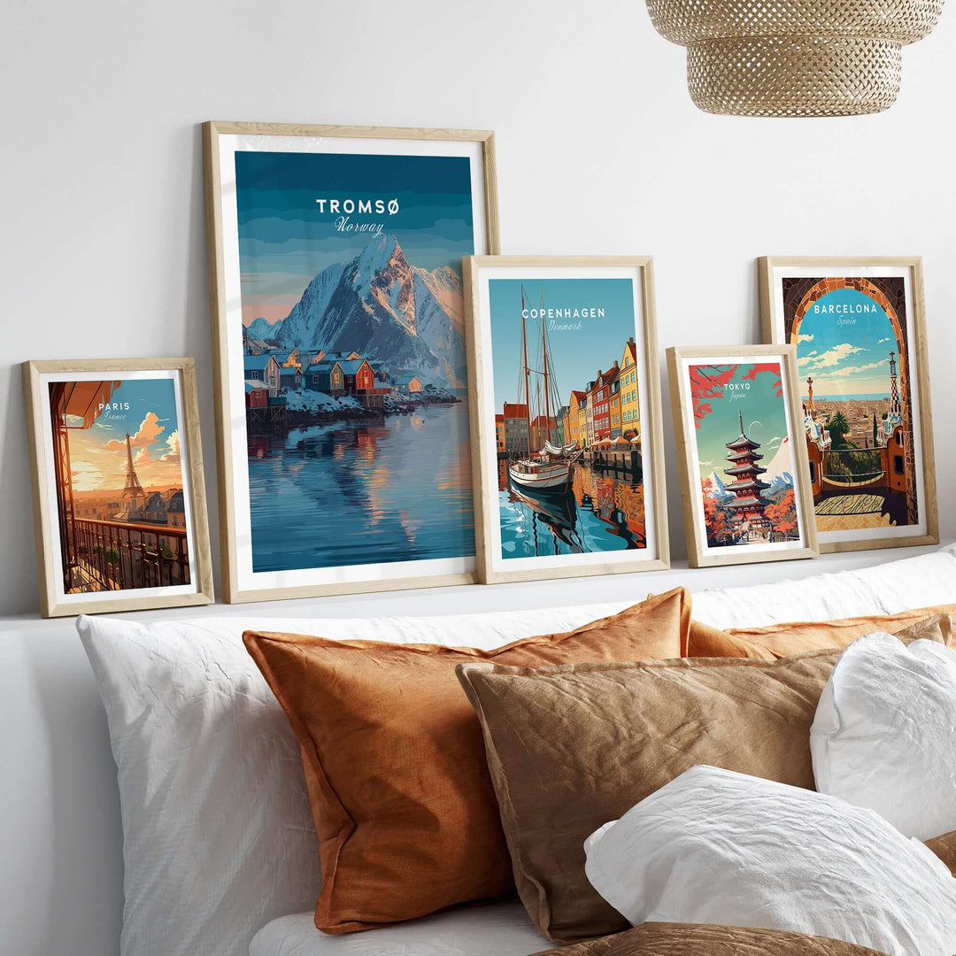 Tromsø Print | Nordic Home Decor Norway Poster displayed with framed art on a cozy living room couch.