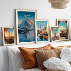 Tromsø Print | Nordic Home Decor Norway Poster displayed on a stylish wall with other travel posters.