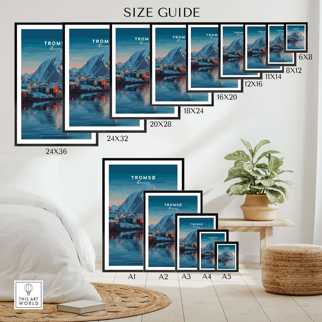 Tromsø Print | Nordic Home Decor Norway Poster size guide showcasing various frame sizes.
