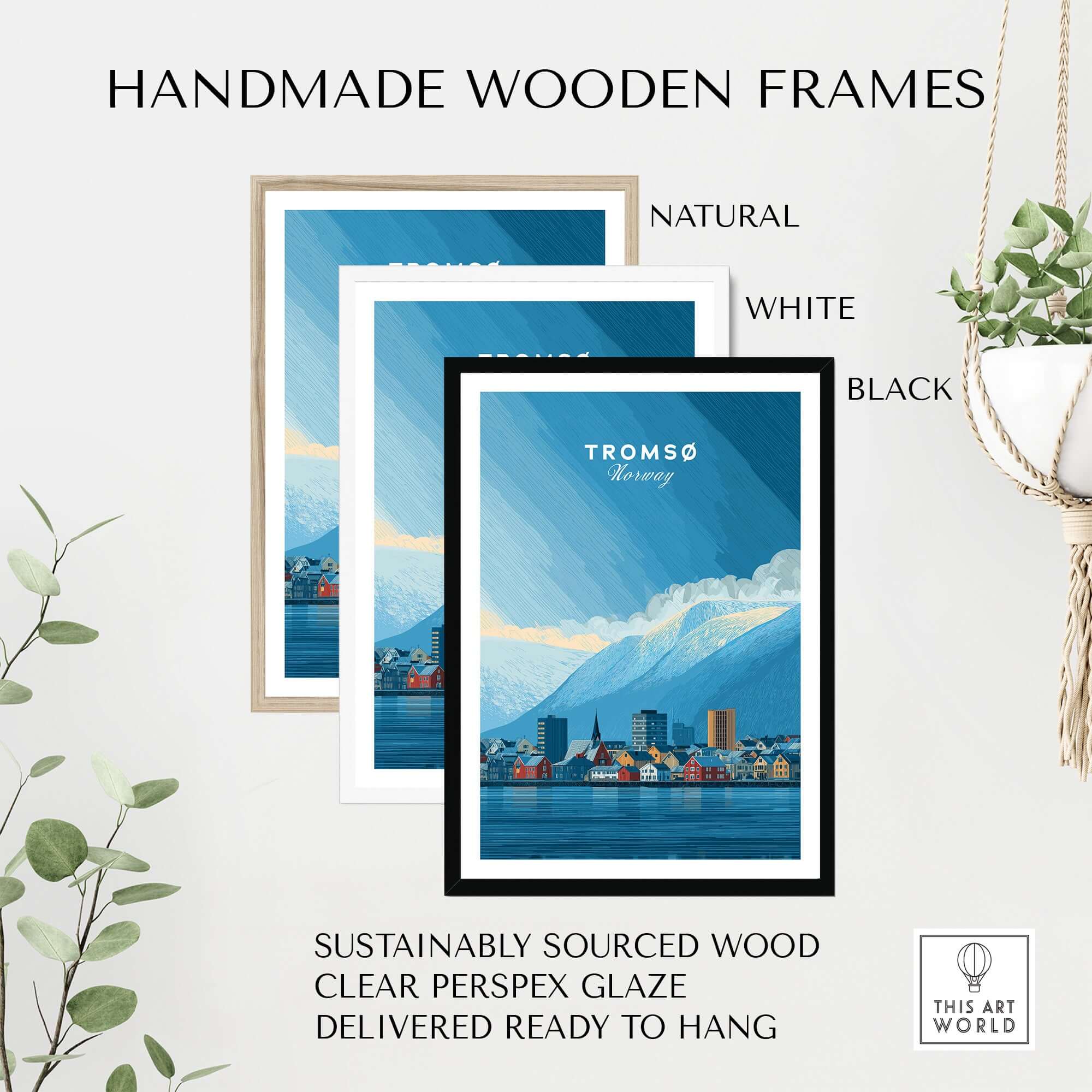 Tromsø Wall Art Print | Norwegian City Wall Decor displayed in handmade wooden frames in natural, white, and black options.