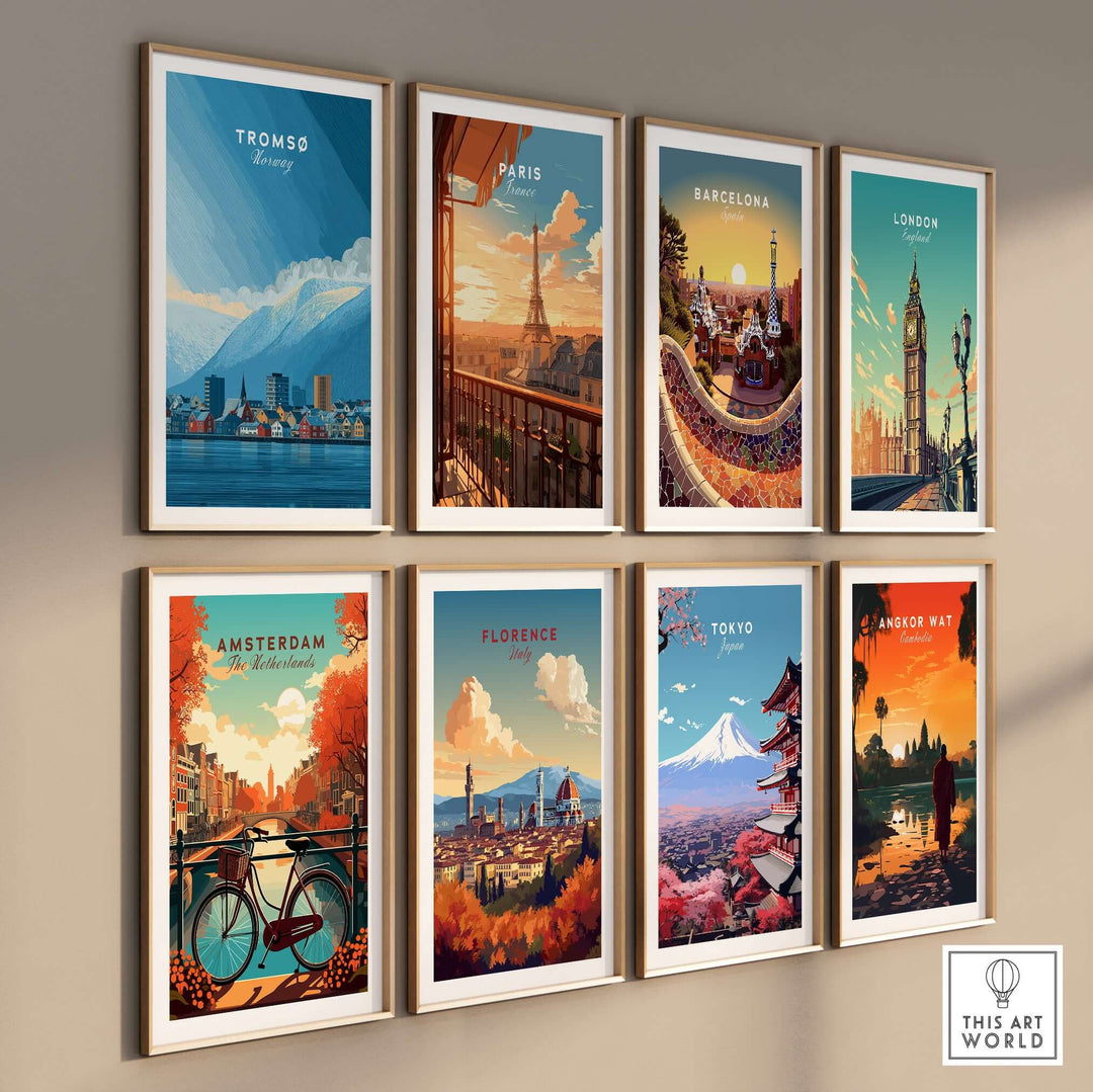 Tromsø Wall Art Print | Norwegian City Wall Decor featuring vibrant illustrations of various cities in frames.
