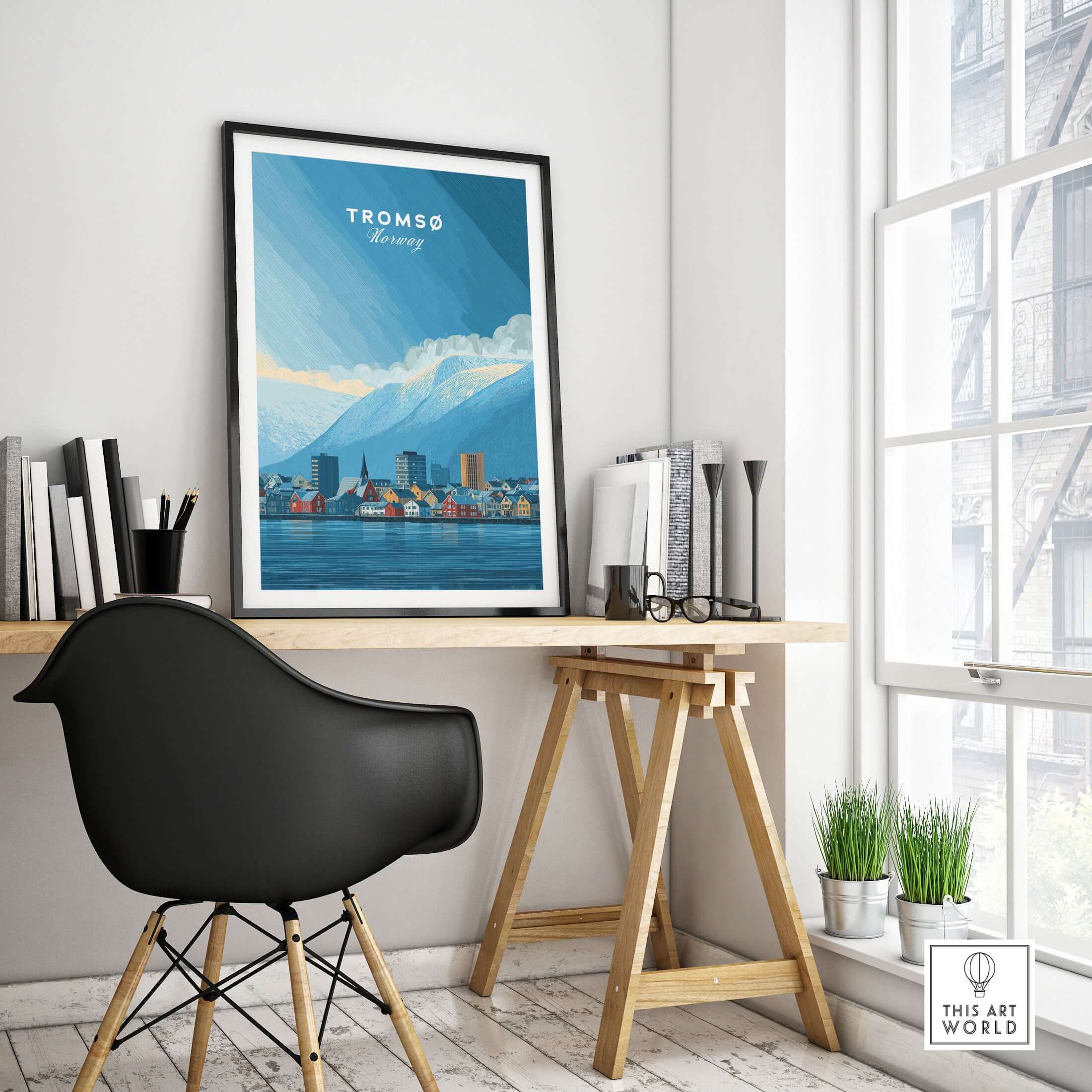 Tromsø Wall Art Print | Norwegian City Wall Decor displayed in stylish interior, showcasing urban and natural beauty of Tromsø.