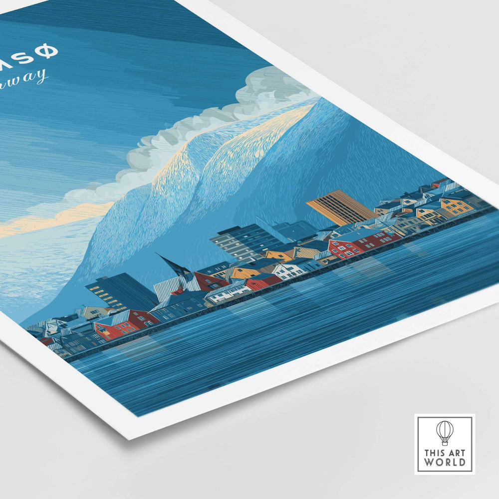 Tromsø Wall Art Print | Norwegian City Wall Decor featuring a colorful depiction of Tromsø's urban landscape and mountains