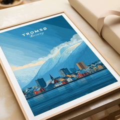 Tromsø Wall Art Print | Norwegian City Wall Decor featuring scenic view of Tromsø, Norway with colorful buildings and mountains.