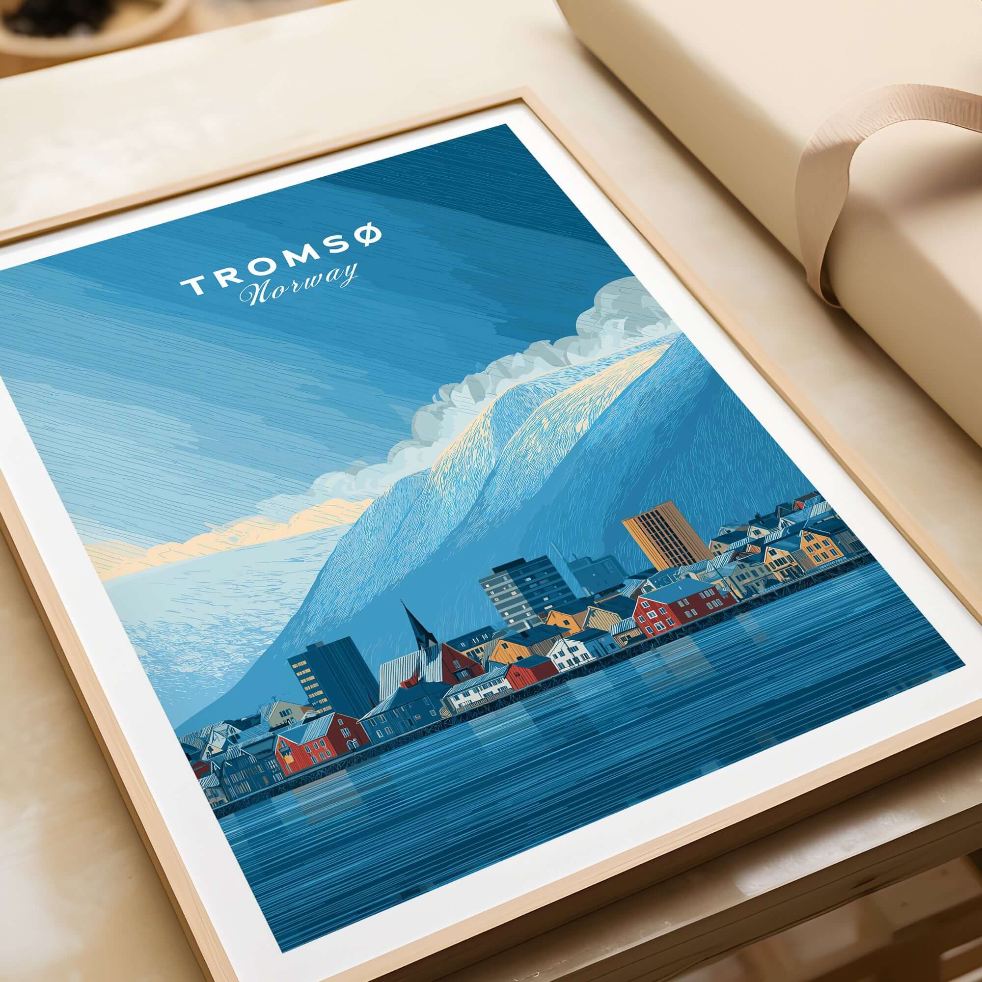 Tromsø Wall Art Print | Norwegian City Wall Decor featuring scenic view of Tromsø, Norway with colorful buildings and mountains.