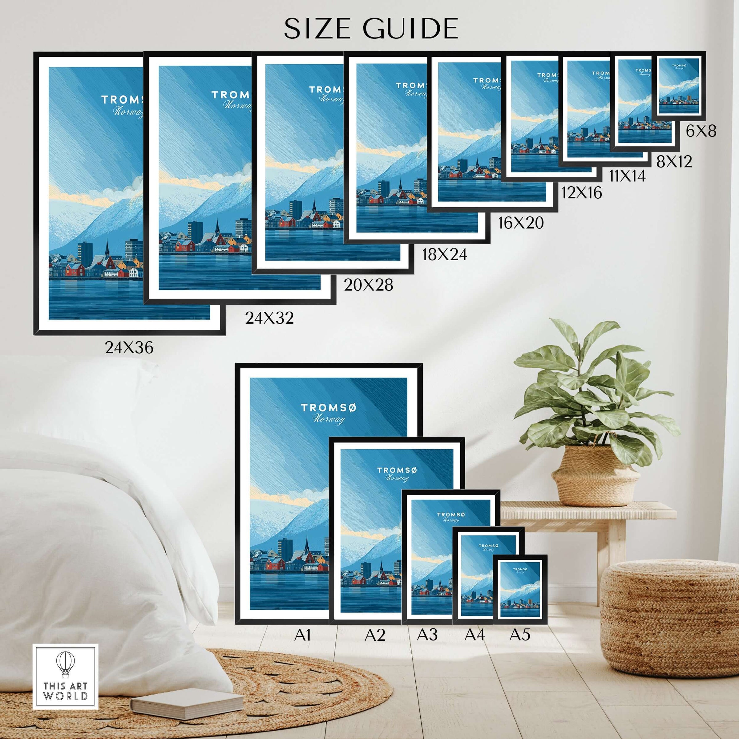 Tromsø Wall Art Print | Norwegian City Wall Decor size guide showcasing various frame sizes on a stylish interior background.