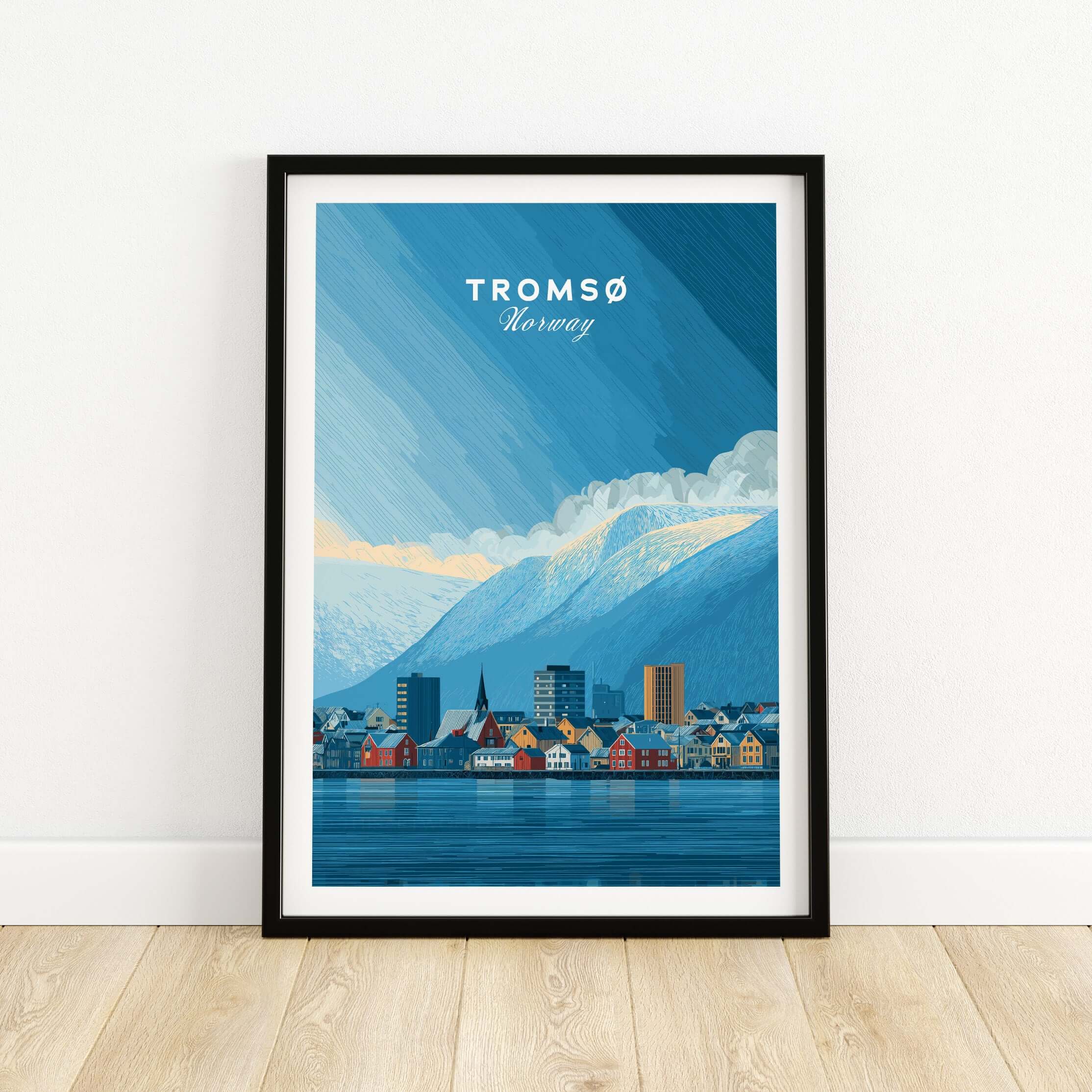 Tromsø Wall Art Print | Norwegian City Wall Decor depicting colorful buildings and mountains in Norway.