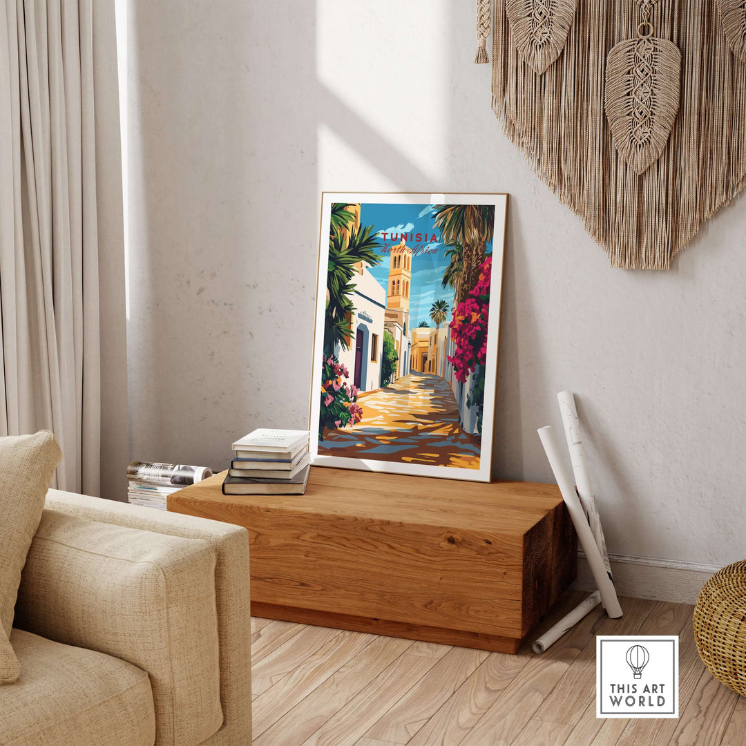Tunisia art print in modern decor setting, showcasing vibrant North African imagery for stylish wall decoration.