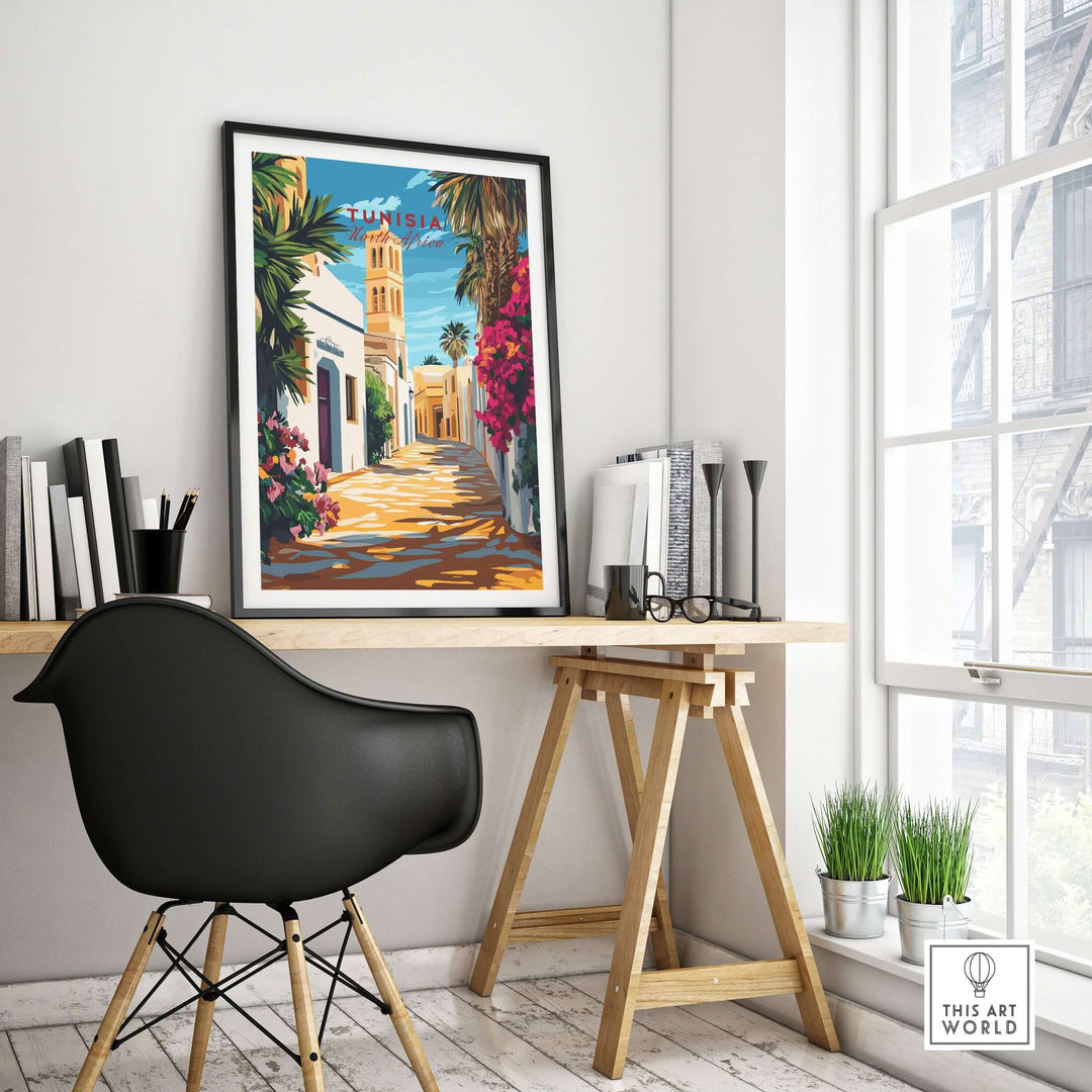 Tunisia art print displayed in a modern home office, featuring vibrant North African imagery and stylish decor.