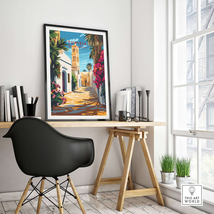 Tunisia art print displayed in a modern home office, featuring vibrant North African imagery and stylish decor.
