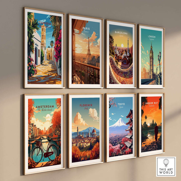 Gallery of vibrant travel posters featuring Tunisia, Paris, Barcelona, London, Amsterdam, Florence, Tokyo, and Angkor Wat.