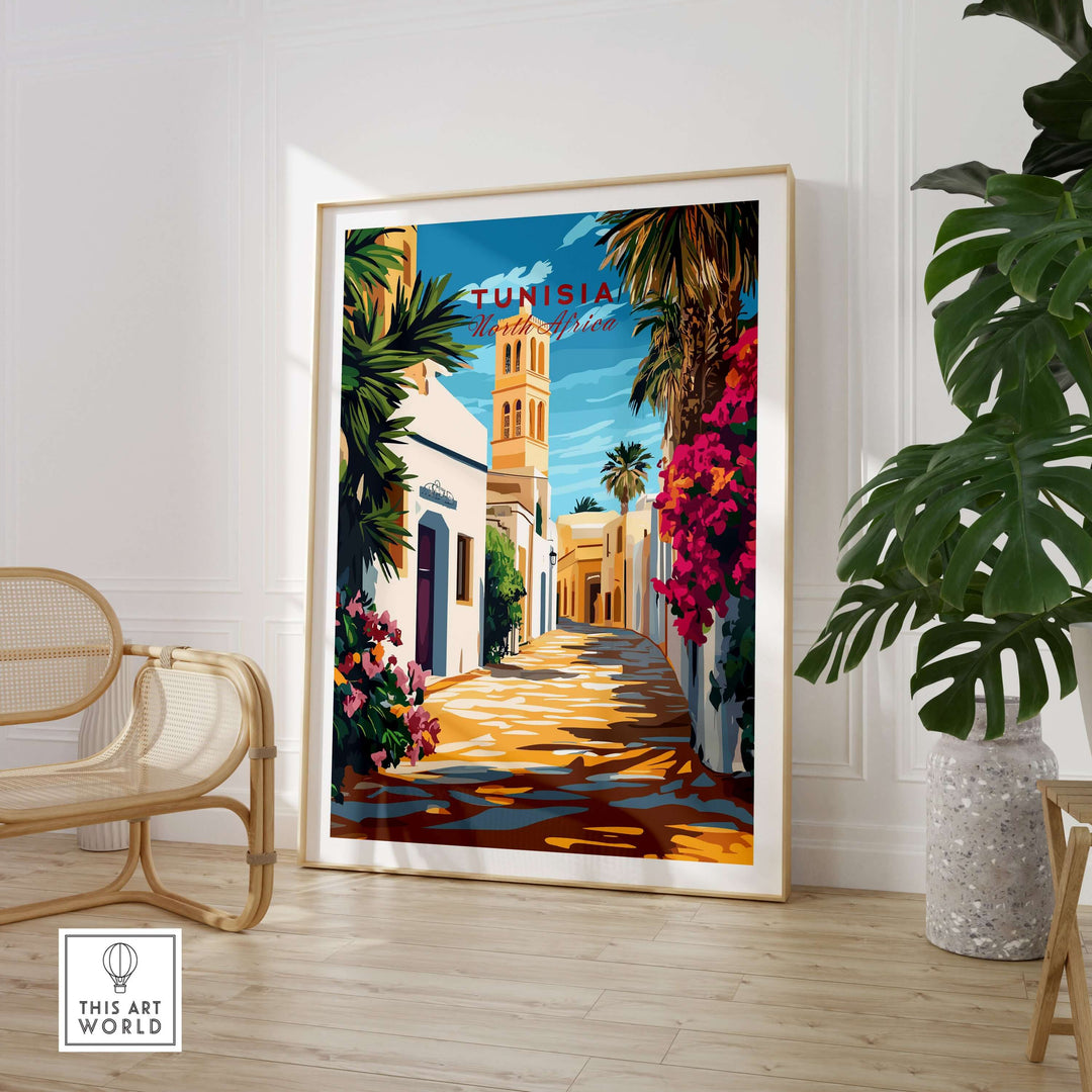 Vibrant Tunisia art print showcasing a lively street scene, perfect for modern home decor.