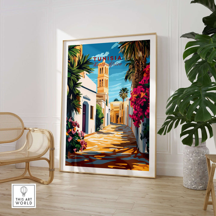 Vibrant Tunisia art print showcasing a lively street scene, perfect for modern home decor.