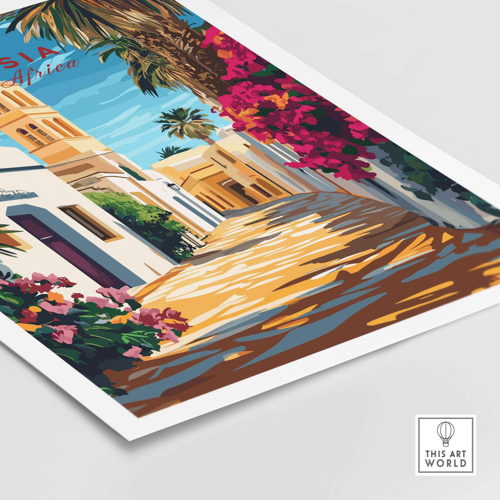 Tunisia art print showcasing vibrant North African street view with colorful flowers and architecture.