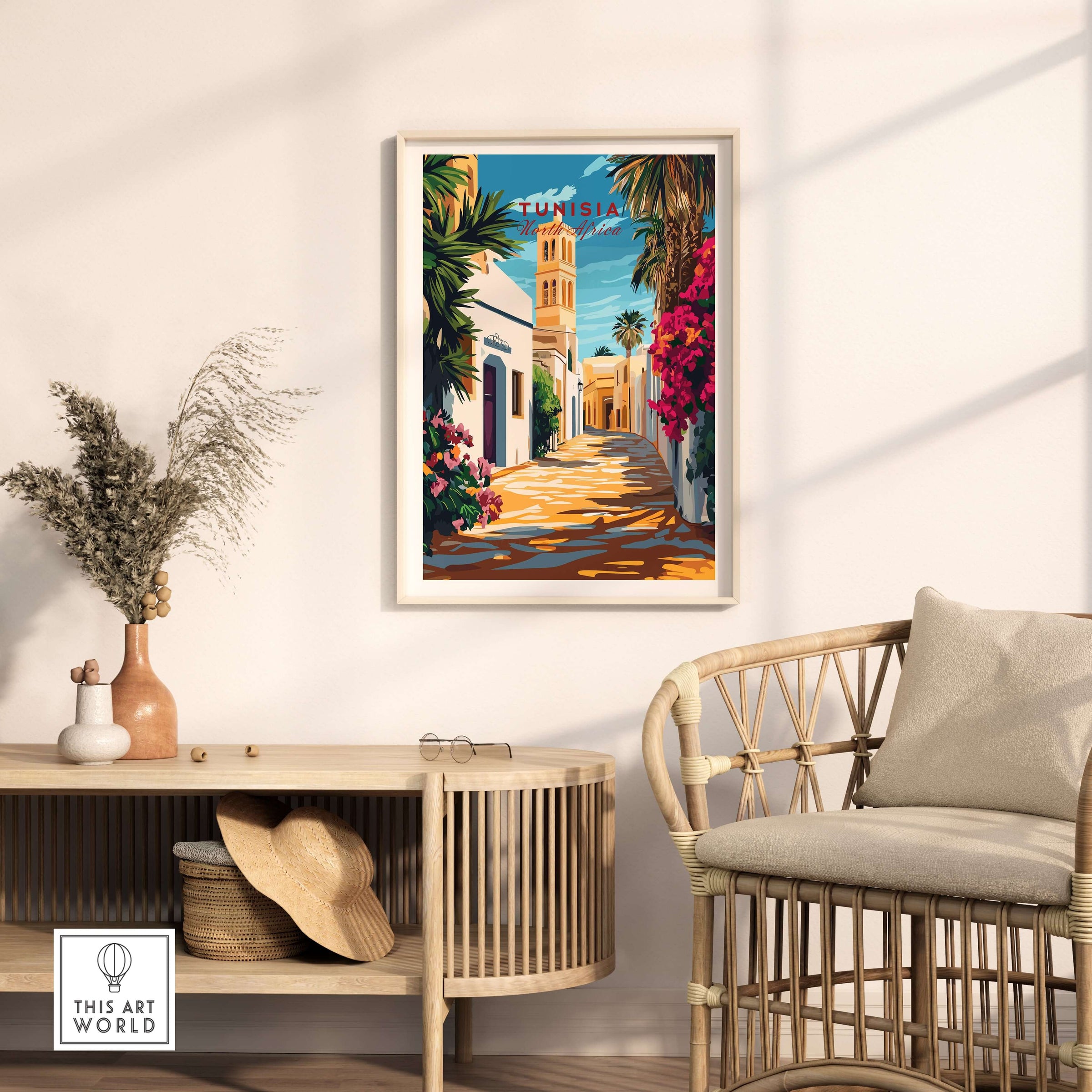 Tunisia Art Print - North Africa Poster - Modern Home Decor for Walls showcasing vibrant architecture and greenery in a stylish living room.