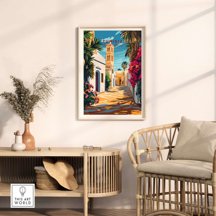 Tunisia art print showcasing vibrant architecture and colorful flora, perfect for modern home decor.