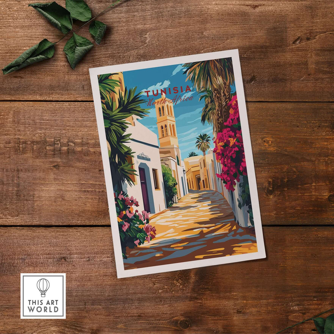 Vibrant Tunisia art print showcasing a colorful street scene in North Africa, perfect for modern home decor.