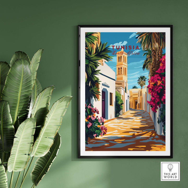 Tunisia art print poster featuring vibrant street scene with flowers and architecture, ideal for modern home decor.